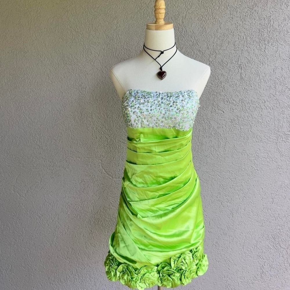 Y2K Lime Green Sequin Cocktail Mini Dress Strapless Party Size Medium